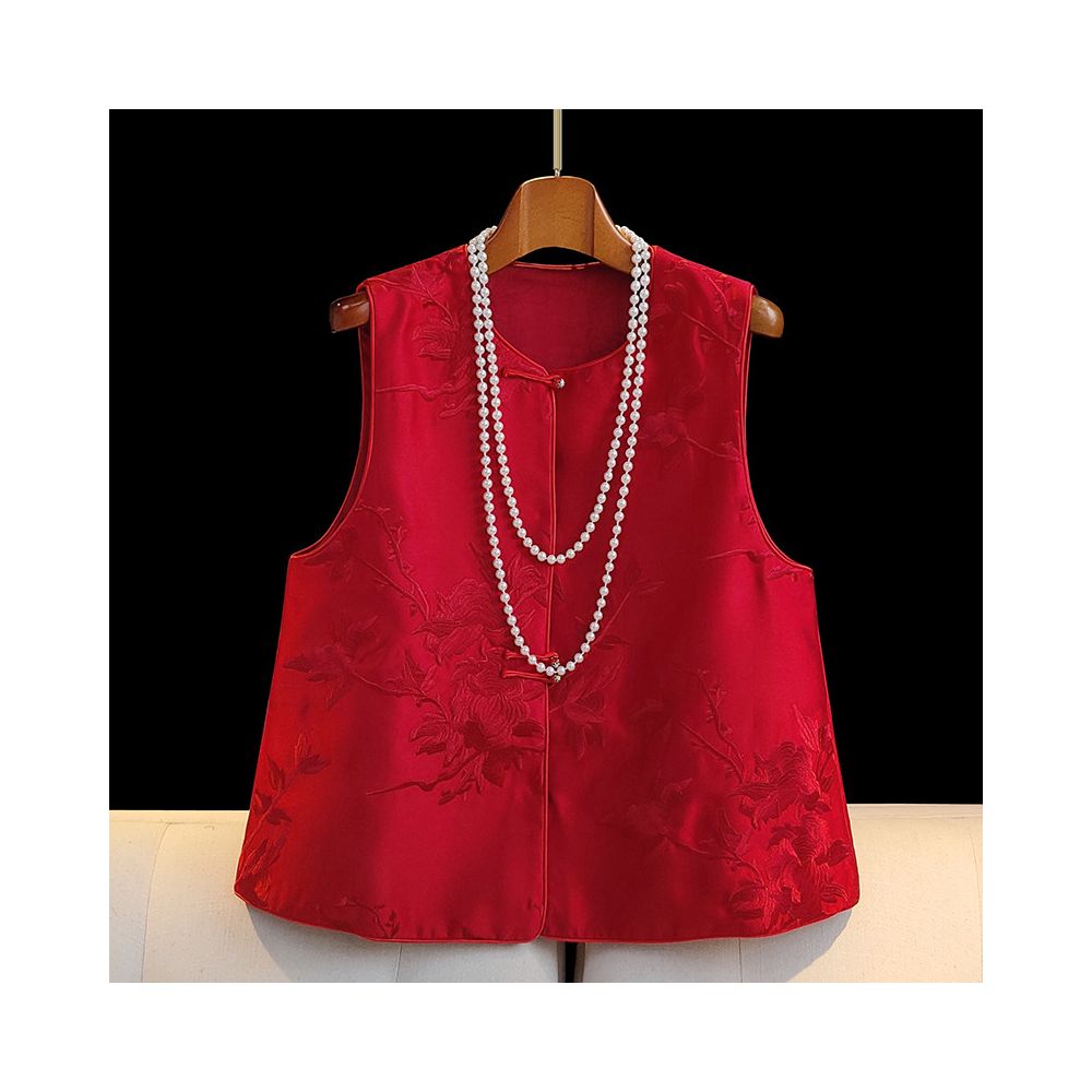 Red new Chinese style vest for women in spring and autumn short and small retro embroidered light Chinese style button top image 1