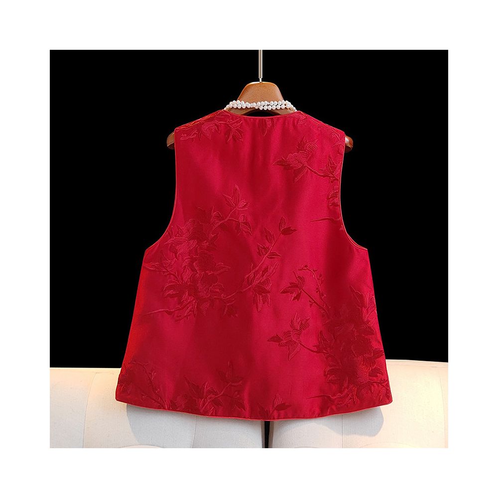 Red new Chinese style vest for women in spring and autumn short and small retro embroidered light Chinese style button top image 2