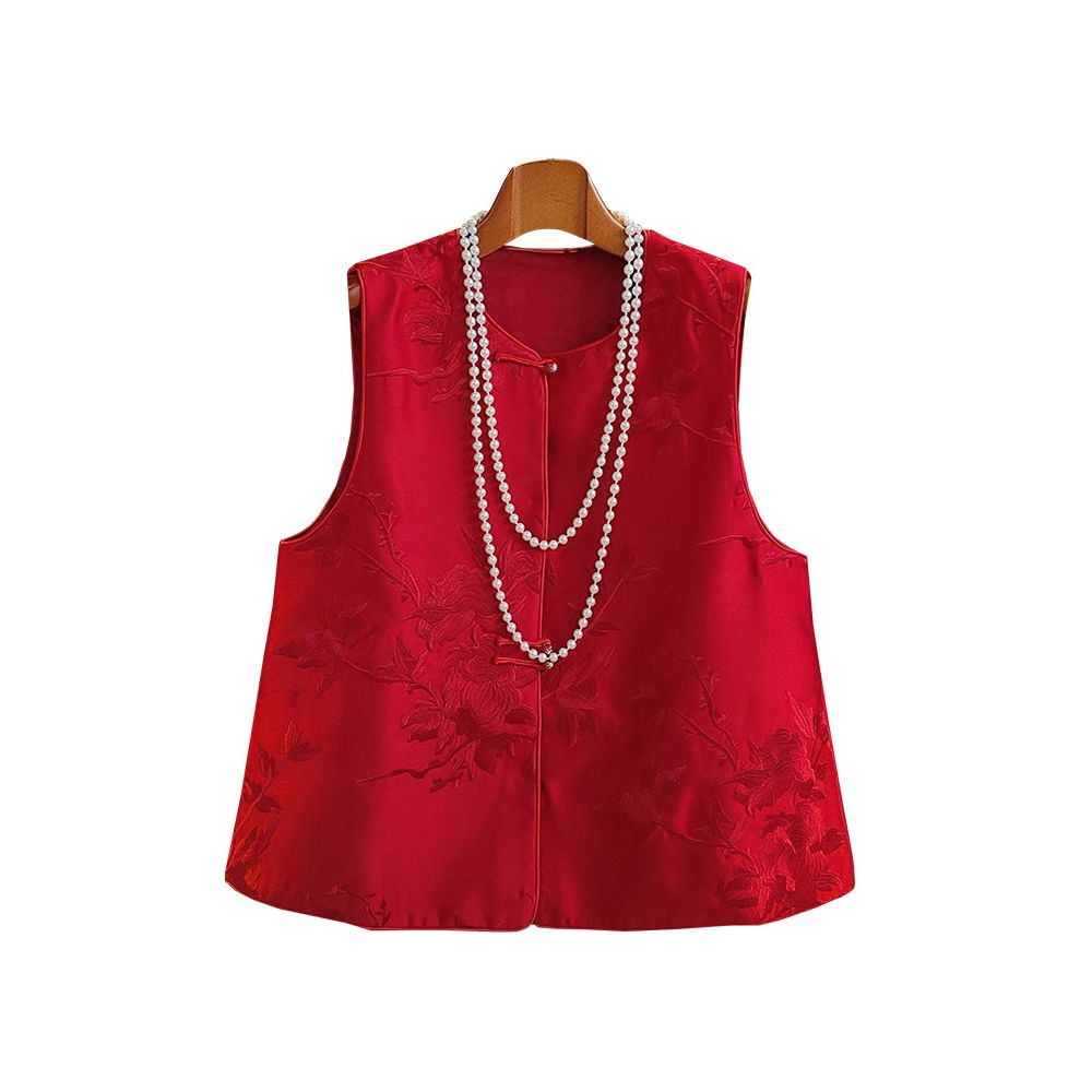 Red new Chinese style vest for women in spring and autumn short and small retro embroidered light Chinese style button top image 5