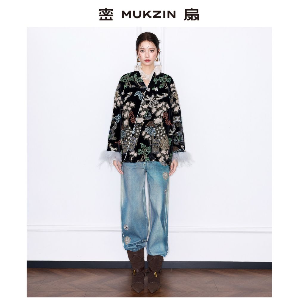 Huang Ling s same style dense fan 2025 winter peony pavilion gold wire three dimensional embroidery Chinese style retro cotton coat jacket image 1