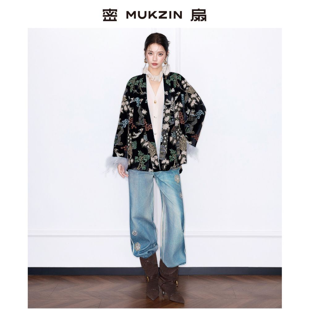 Huang Ling s same style dense fan 2025 winter peony pavilion gold wire three dimensional embroidery Chinese style retro cotton coat jacket image 4