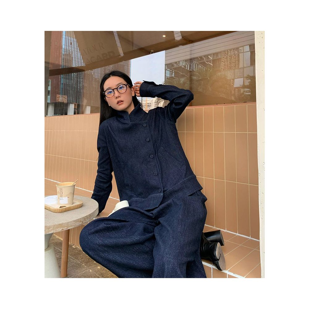 Deep Blue Cowboy Set for Women 2024 Autumn Retro New Chinese Style Pan Button Top Wide Leg Pants Two Piece Set image 1