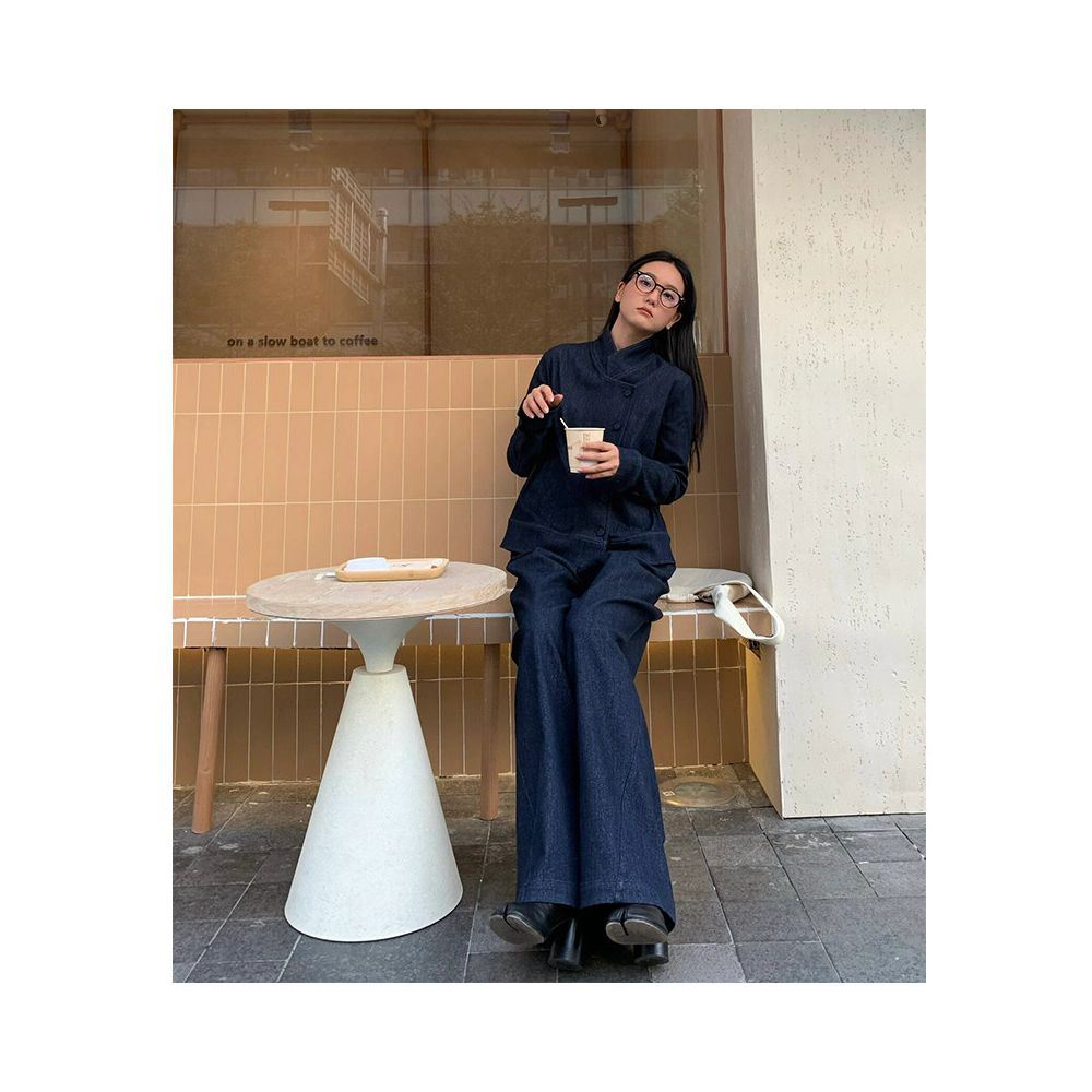 Deep Blue Cowboy Set for Women 2024 Autumn Retro New Chinese Style Pan Button Top Wide Leg Pants Two Piece Set image 3