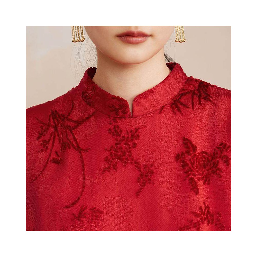 Ruyi Lianxi Xun Jacquard Cutting Fleece Flower Bud Dress for Women New Chinese Style Retro Pocket Split Long Dress image 3