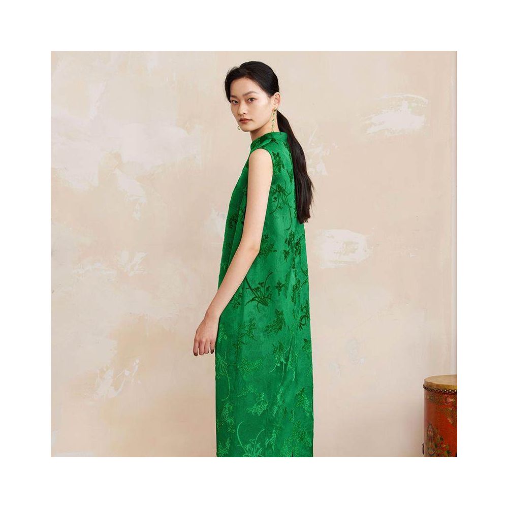 Ruyi Lianxi Xun Jacquard Cutting Fleece Flower Bud Dress for Women New Chinese Style Retro Pocket Split Long Dress image 4