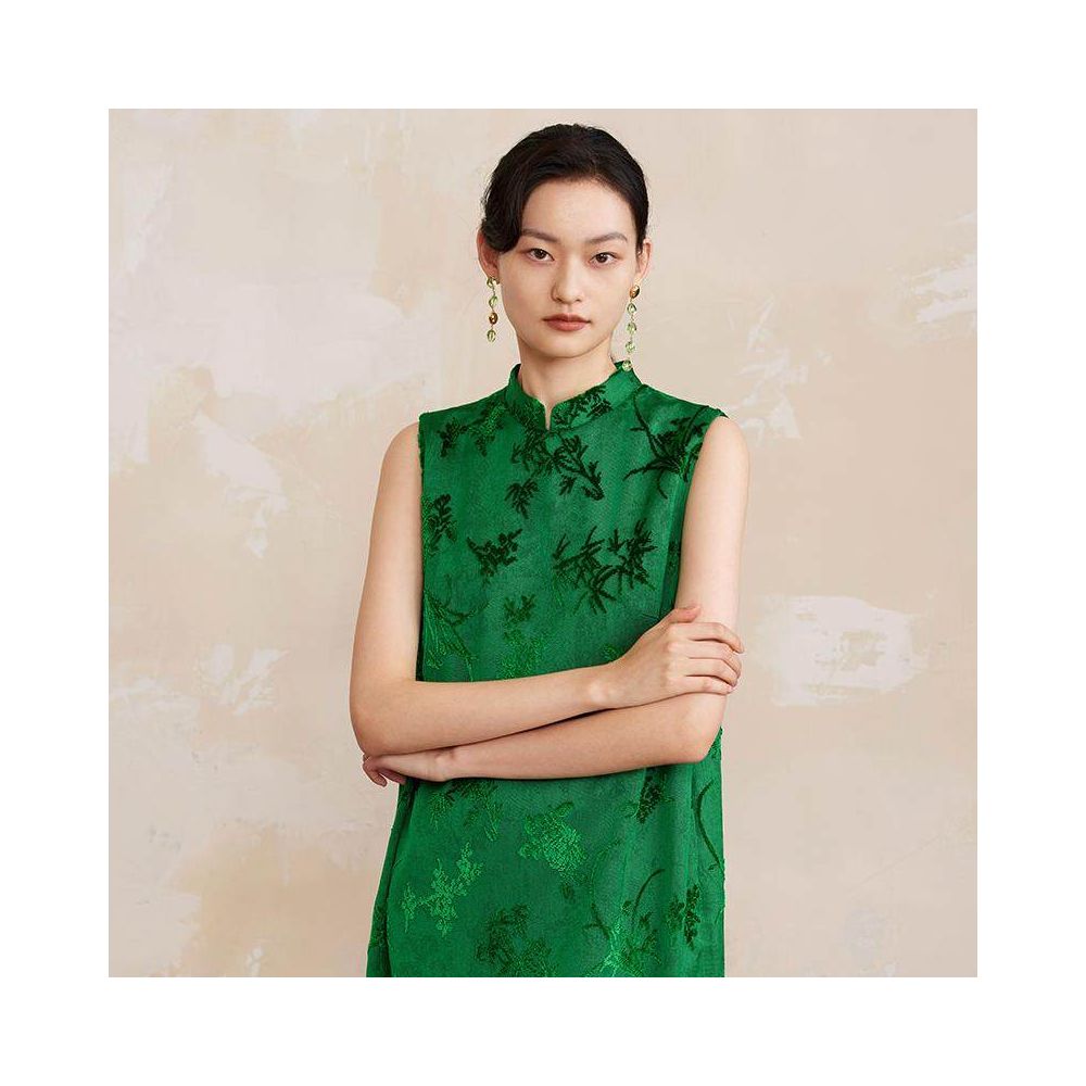 Ruyi Lianxi Xun Jacquard Cutting Fleece Flower Bud Dress for Women New Chinese Style Retro Pocket Split Long Dress image 5
