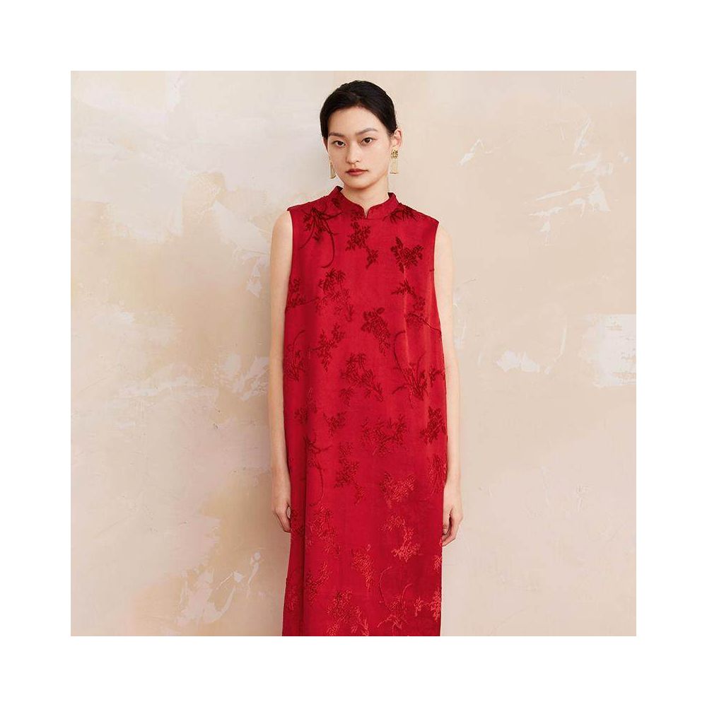 Ruyi Lianxi Xun Jacquard Cutting Fleece Flower Bud Dress for Women New Chinese Style Retro Pocket Split Long Dress image 0