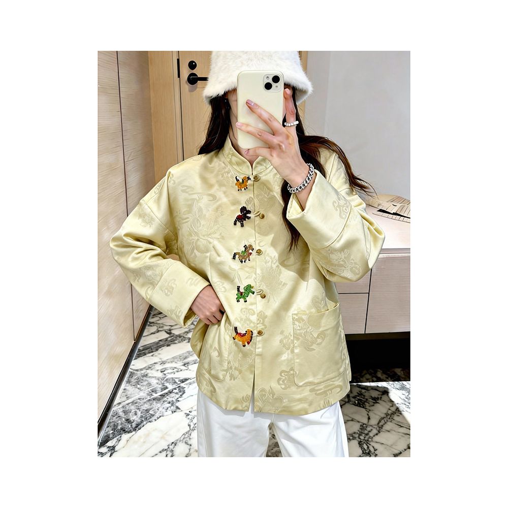 New Chinese style stand up collar button jacquard yellow shirt women s autumn and winter long sleeved jacquard high end feeling Chinese style super beautiful top image 1
