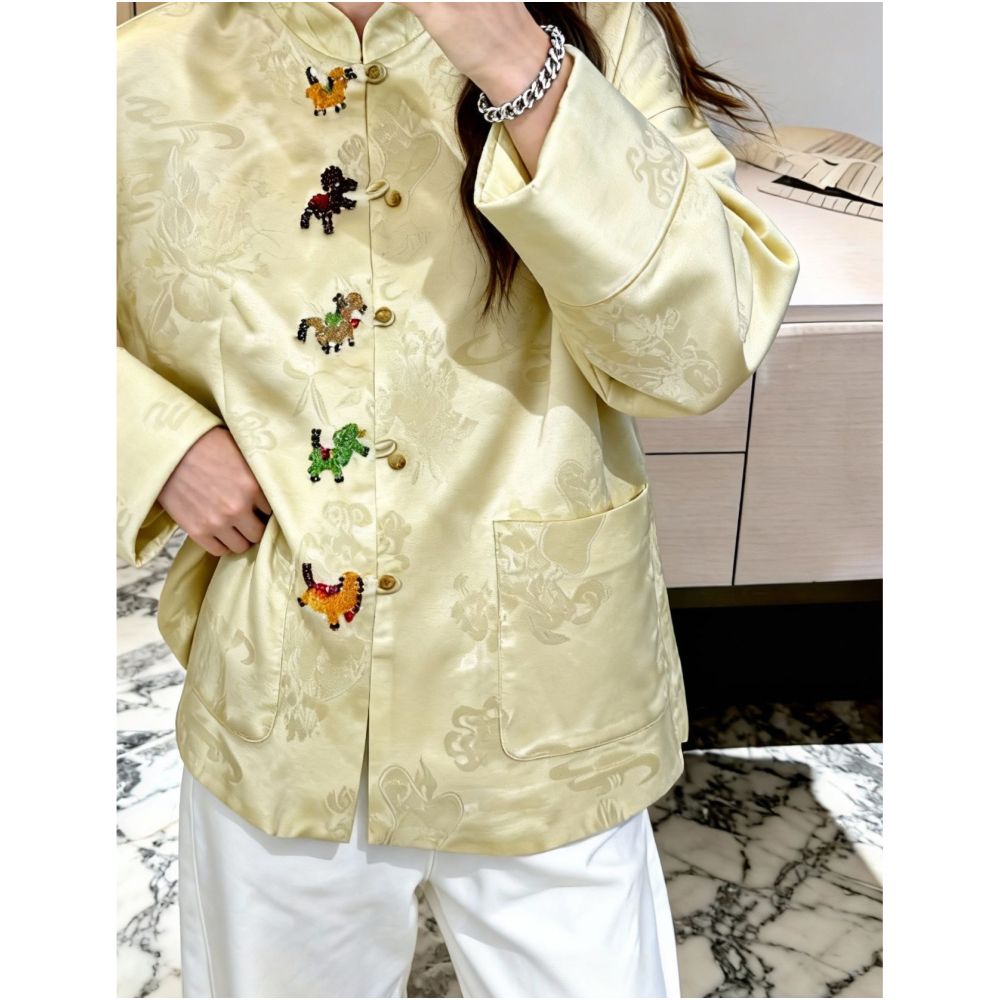 New Chinese style stand up collar button jacquard yellow shirt women s autumn and winter long sleeved jacquard high end feeling Chinese style super beautiful top image 2