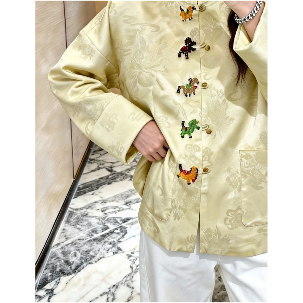 New Chinese style stand up collar button jacquard yellow shirt women s autumn and winter long sleeved jacquard high end feeling Chinese style super beautiful top image 4