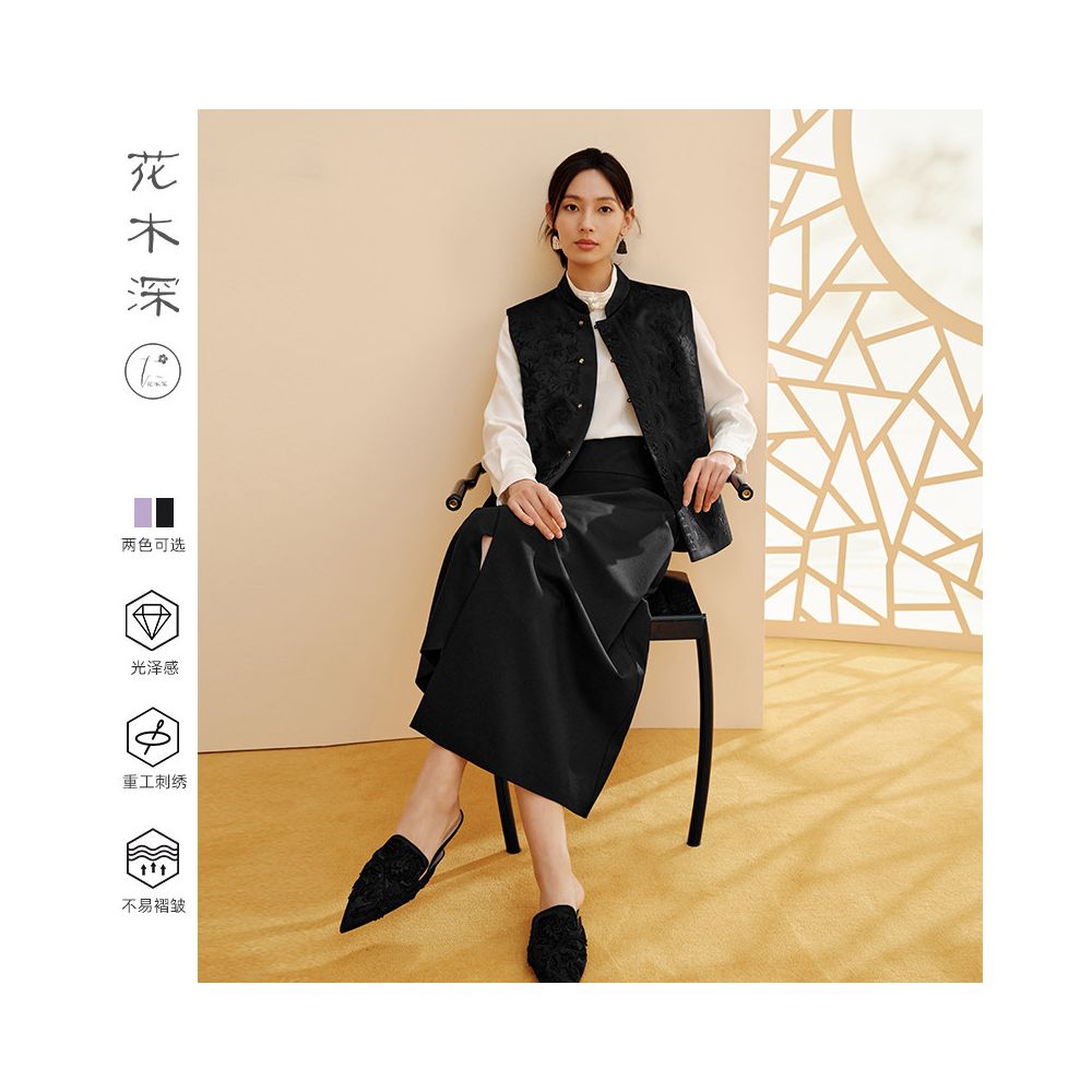 Hua Mu Shen Xin Chinese Embroidered Vest Women s Spring New Style External Wearing Satin Shoulder Vest National Style Stand Collar Purple Clip image 5