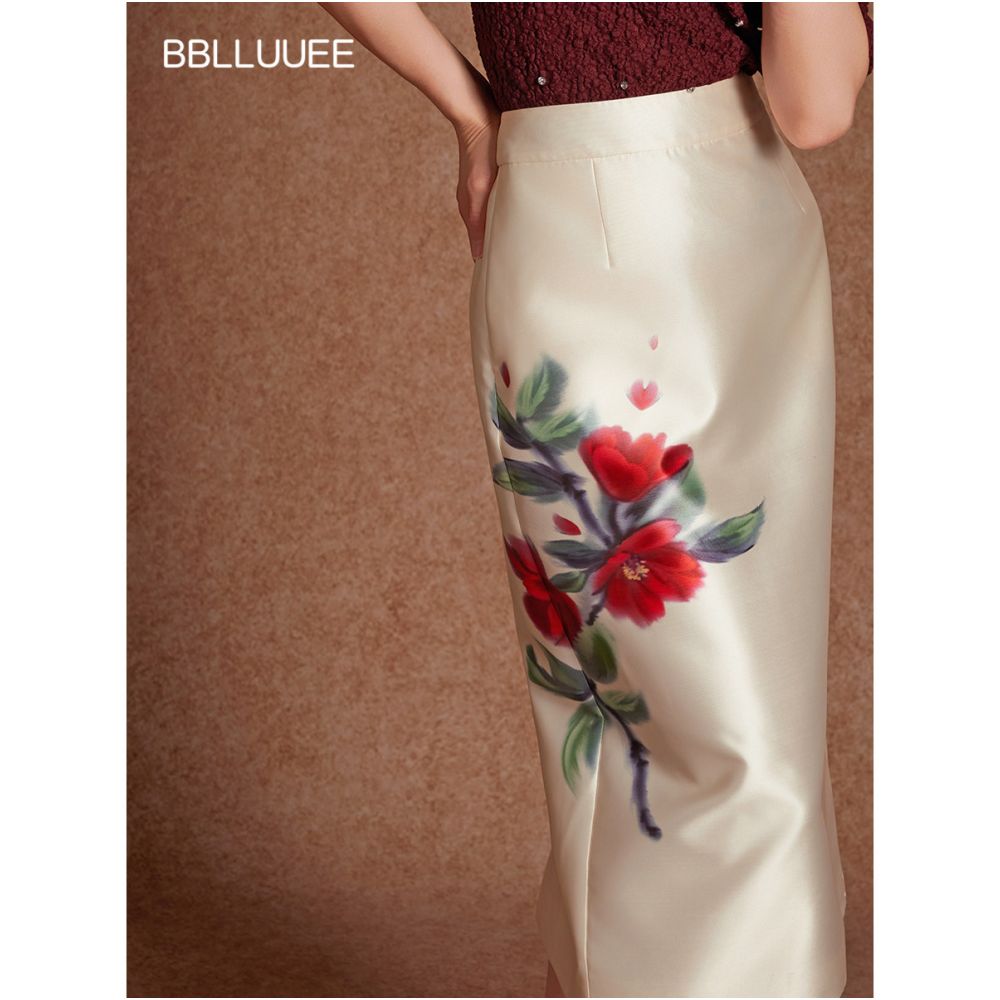 Painting screen on skirt pink and blue wardrobe 2026 spring outfit new Chinese style positioning floral embroidery straight tube skirt image 0