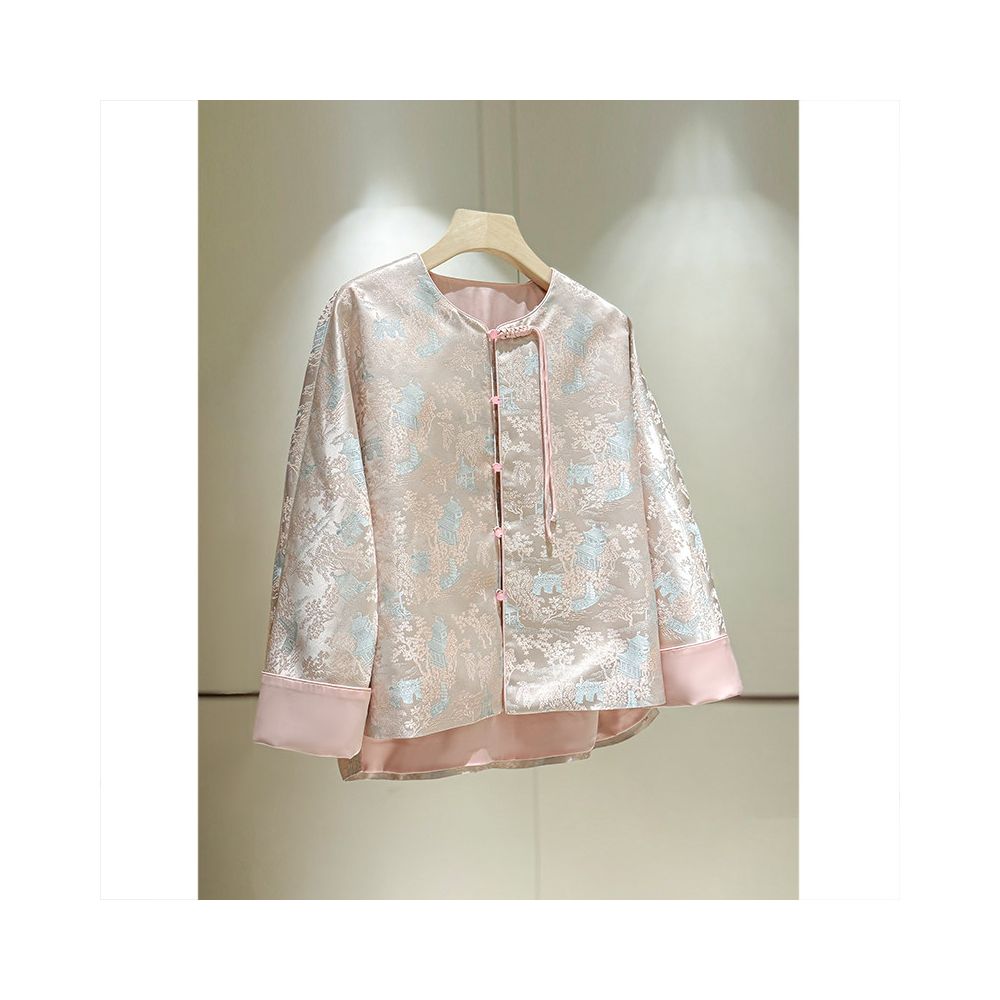 Gentle pink new Chinese style women s plus size jacket 2026 Spring and Autumn new round neck loose tassel button top image 1