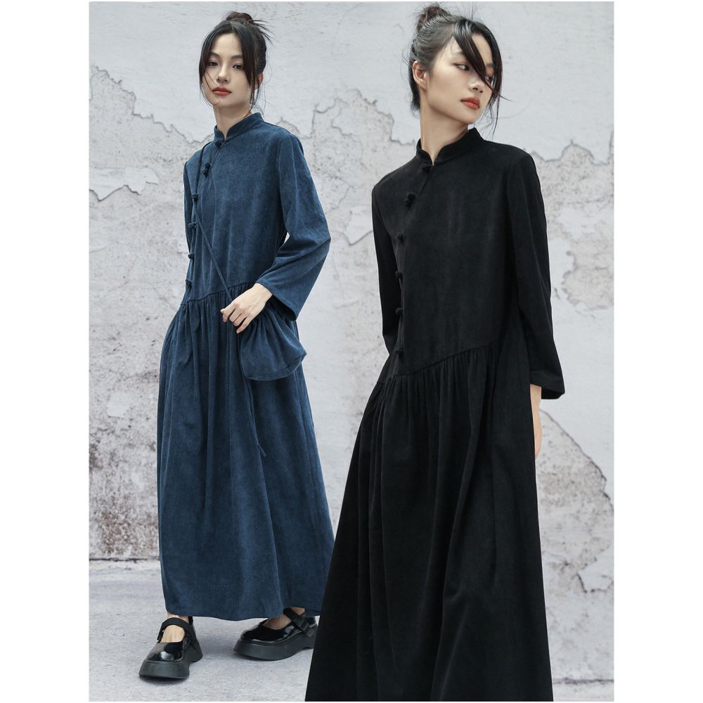 Da Qing Long Si Lang Huan is giving away a crossbody bag New Chinese style corduroy dress for women in autumn blue and black long skirt image 2