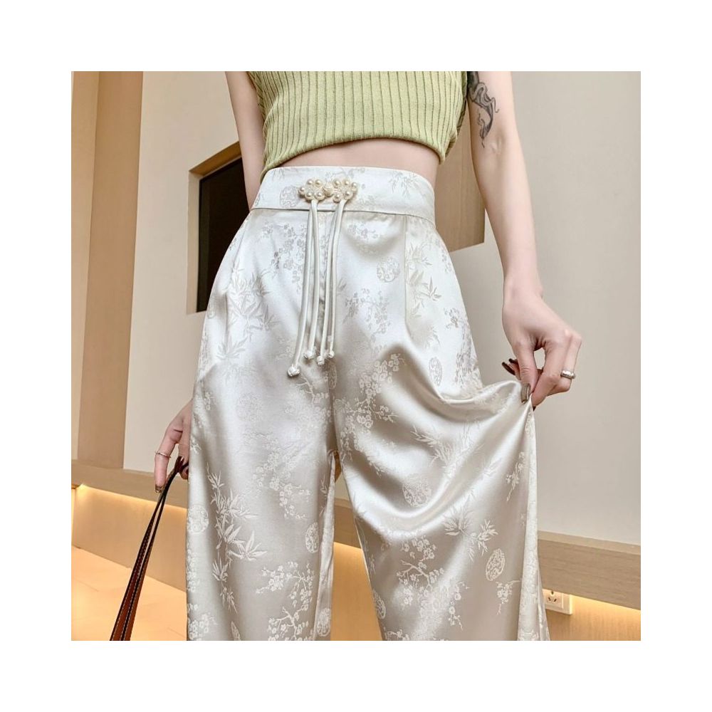 New Chinese style satin jacquard wide leg pants with button closure women s spring and summer new high waisted slimming and casual floor length pants image 1