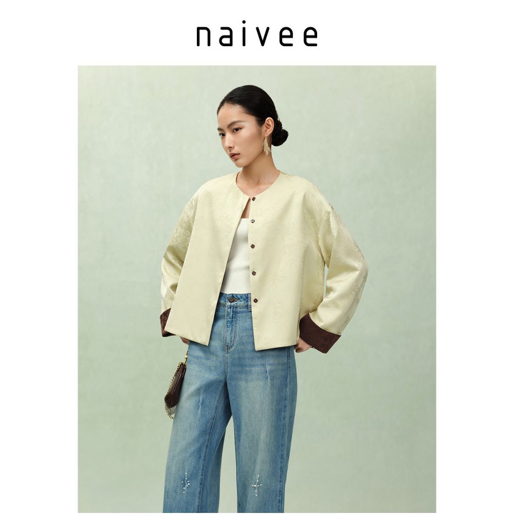 Celebrity style Navay 2025 autumn top with no collar satin jacquard jacket for women s autumn new Chinese style light Chinese style clothing image 4