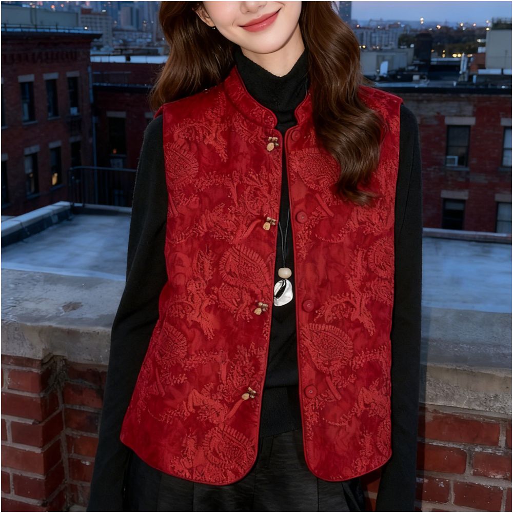New Chinese style red heavy industry jacquard embroidery vest women s Chinese style temperament layered silhouette standing collar sleeveless jacket top image 2