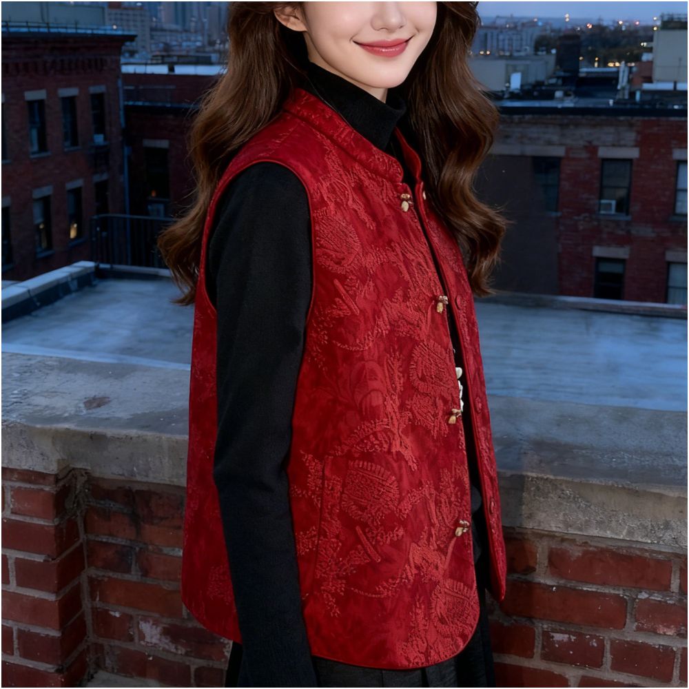 New Chinese style red heavy industry jacquard embroidery vest women s Chinese style temperament layered silhouette standing collar sleeveless jacket top image 3