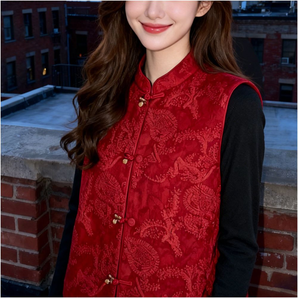 New Chinese style red heavy industry jacquard embroidery vest women s Chinese style temperament layered silhouette standing collar sleeveless jacket top image 4