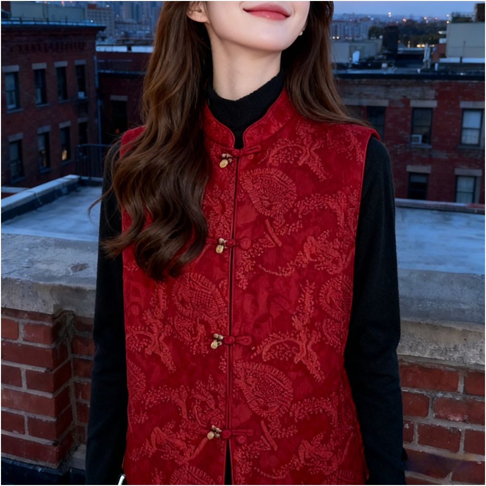 New Chinese style red heavy industry jacquard embroidery vest women s Chinese style temperament layered silhouette standing collar sleeveless jacket top image 5