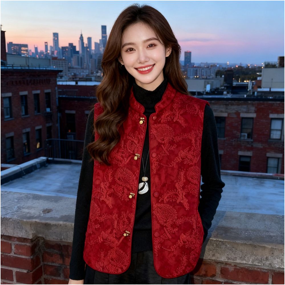 New Chinese style red heavy industry jacquard embroidery vest women s Chinese style temperament layered silhouette standing collar sleeveless jacket top image 0