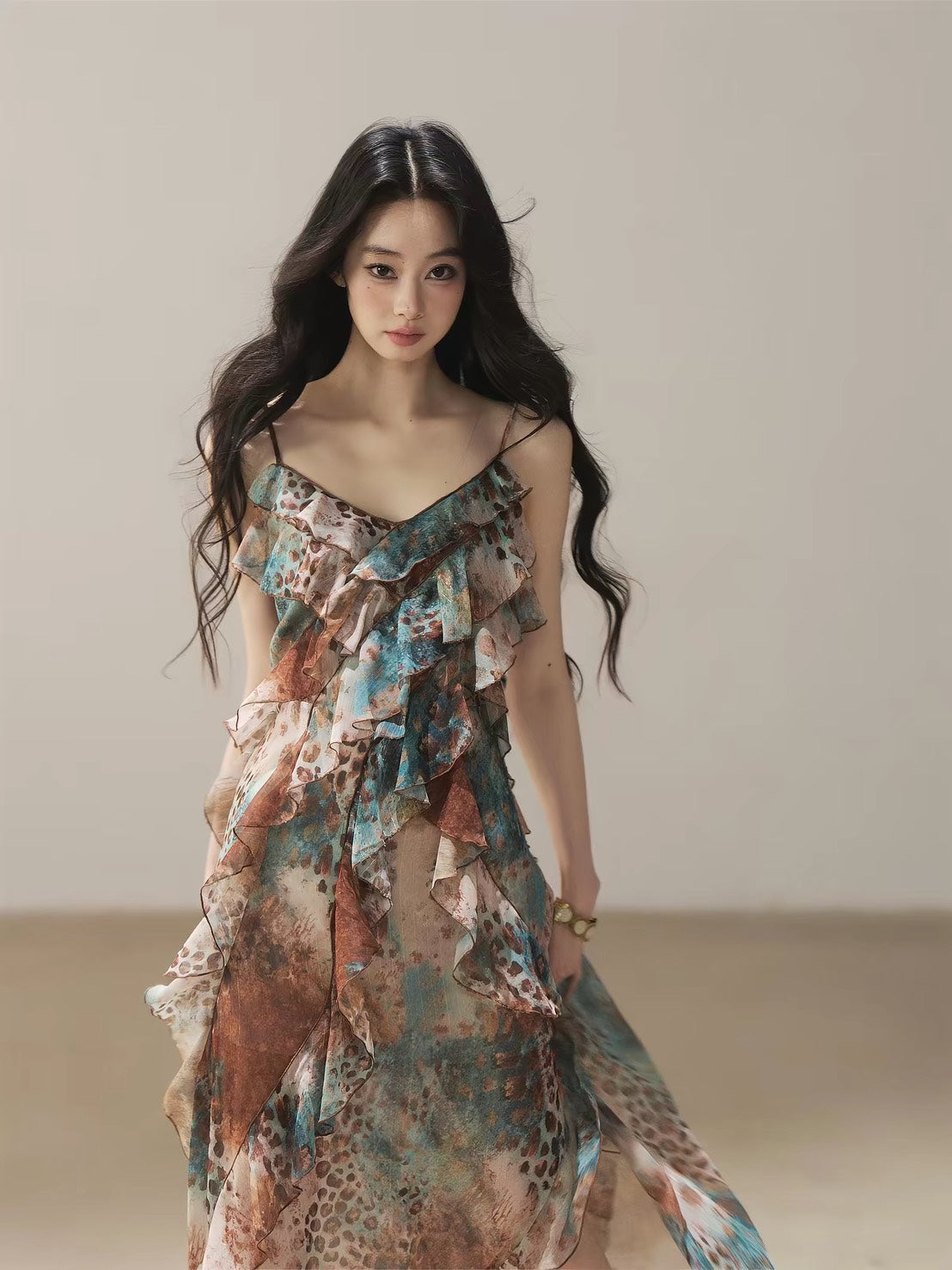 ASAYA7478 – Wild Muse Ruffle Maxi Dress 🐆🩵
