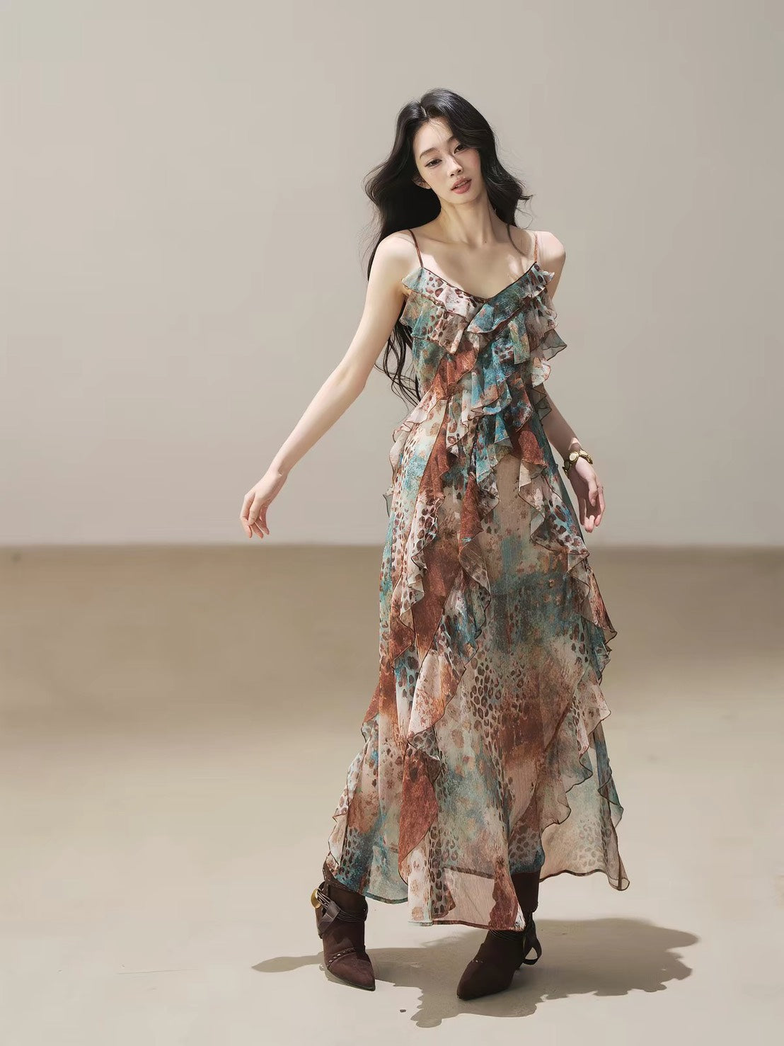 ASAYA7478 – Wild Muse Ruffle Maxi Dress 🐆🩵