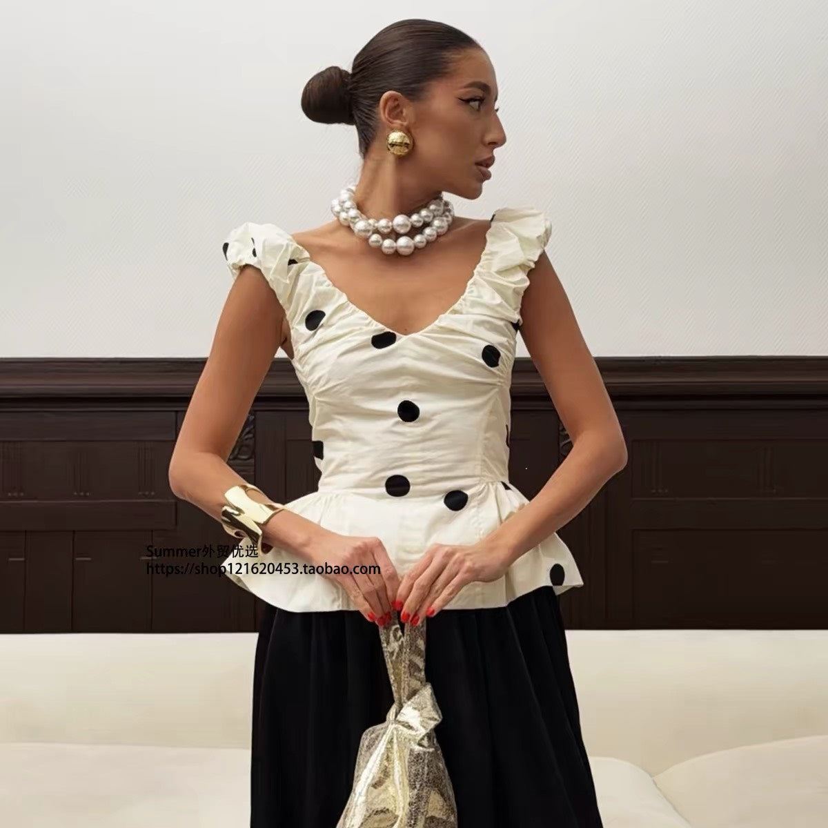 ASAYA7481 – Parisian Polka Ruffle Top 🖤🤍