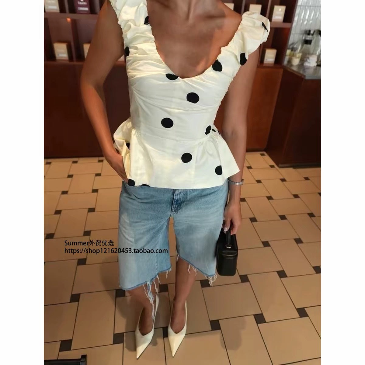 ASAYA7481 – Parisian Polka Ruffle Top 🖤🤍