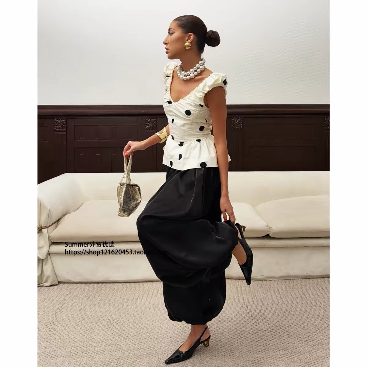 ASAYA7481 – Parisian Polka Ruffle Top 🖤🤍