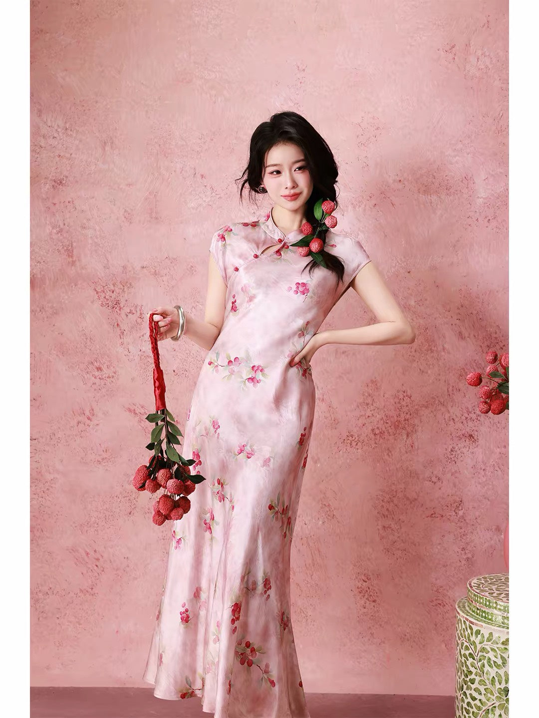ASAYA7483 – Lychee Blossom Silk Qipao 🌸🍒