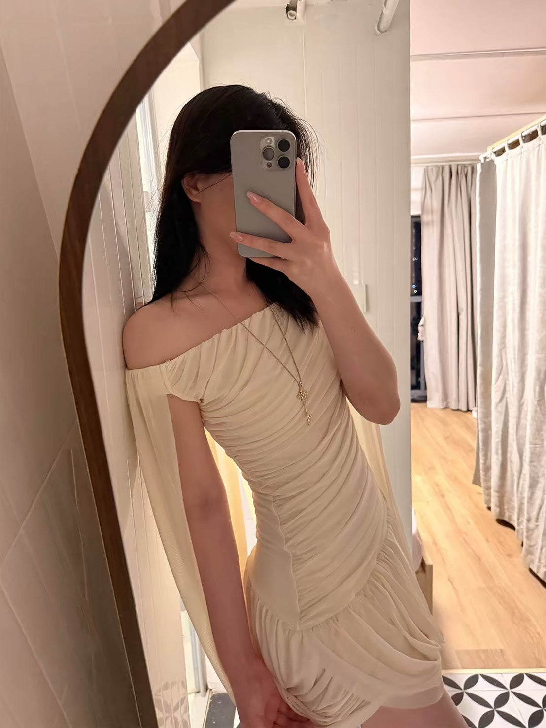 ASAYA7488 – Ivory Goddess Draped Mini Dress 🤍✨
