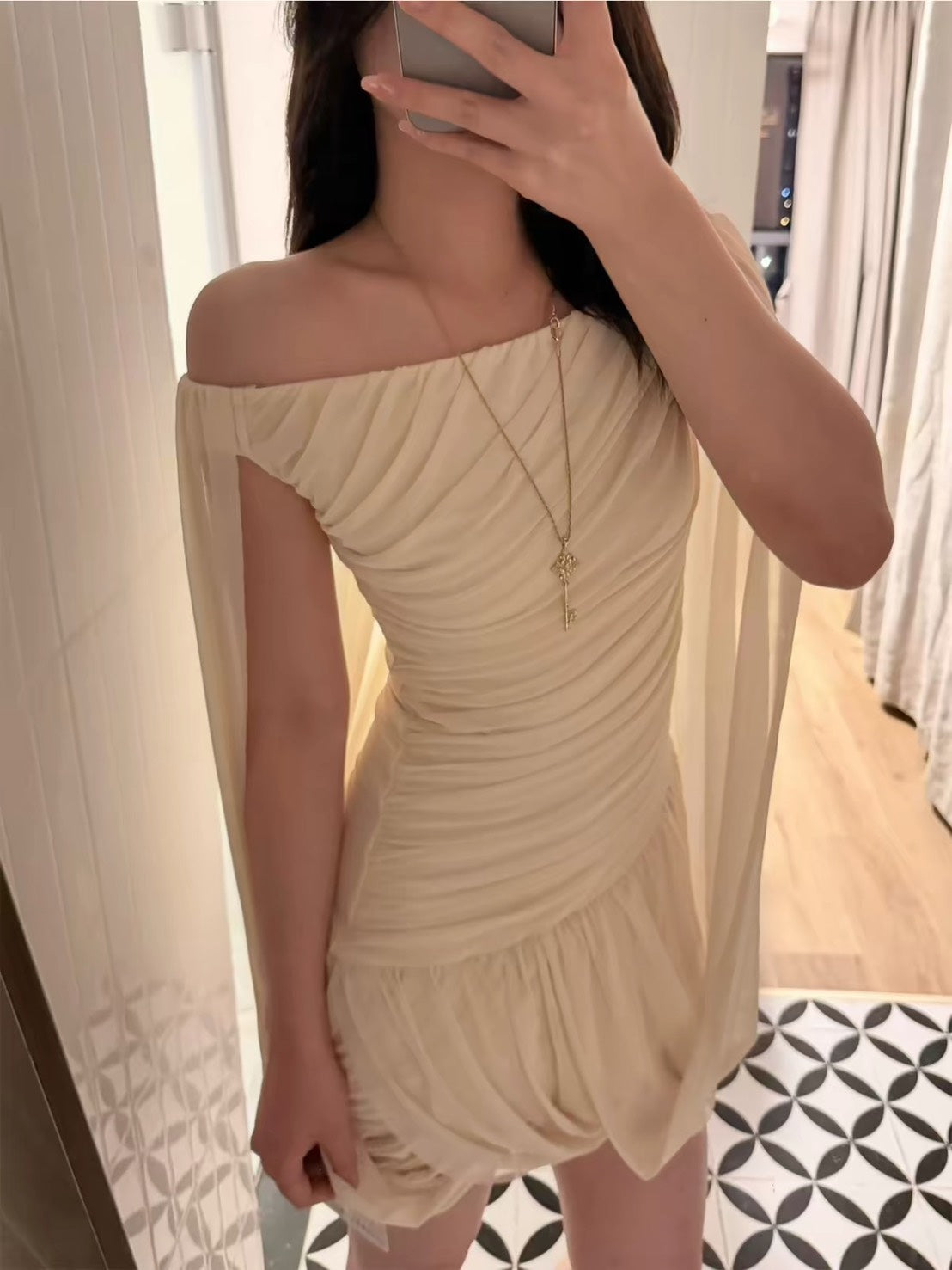 ASAYA7488 – Ivory Goddess Draped Mini Dress 🤍✨
