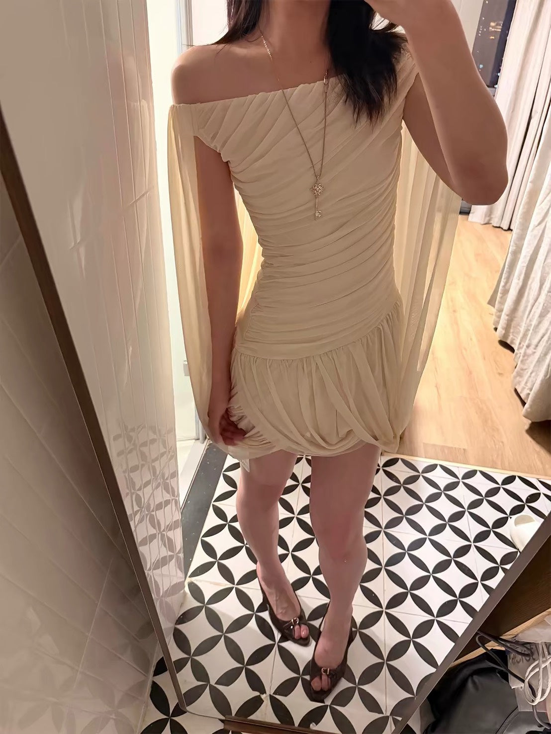 ASAYA7488 – Ivory Goddess Draped Mini Dress 🤍✨