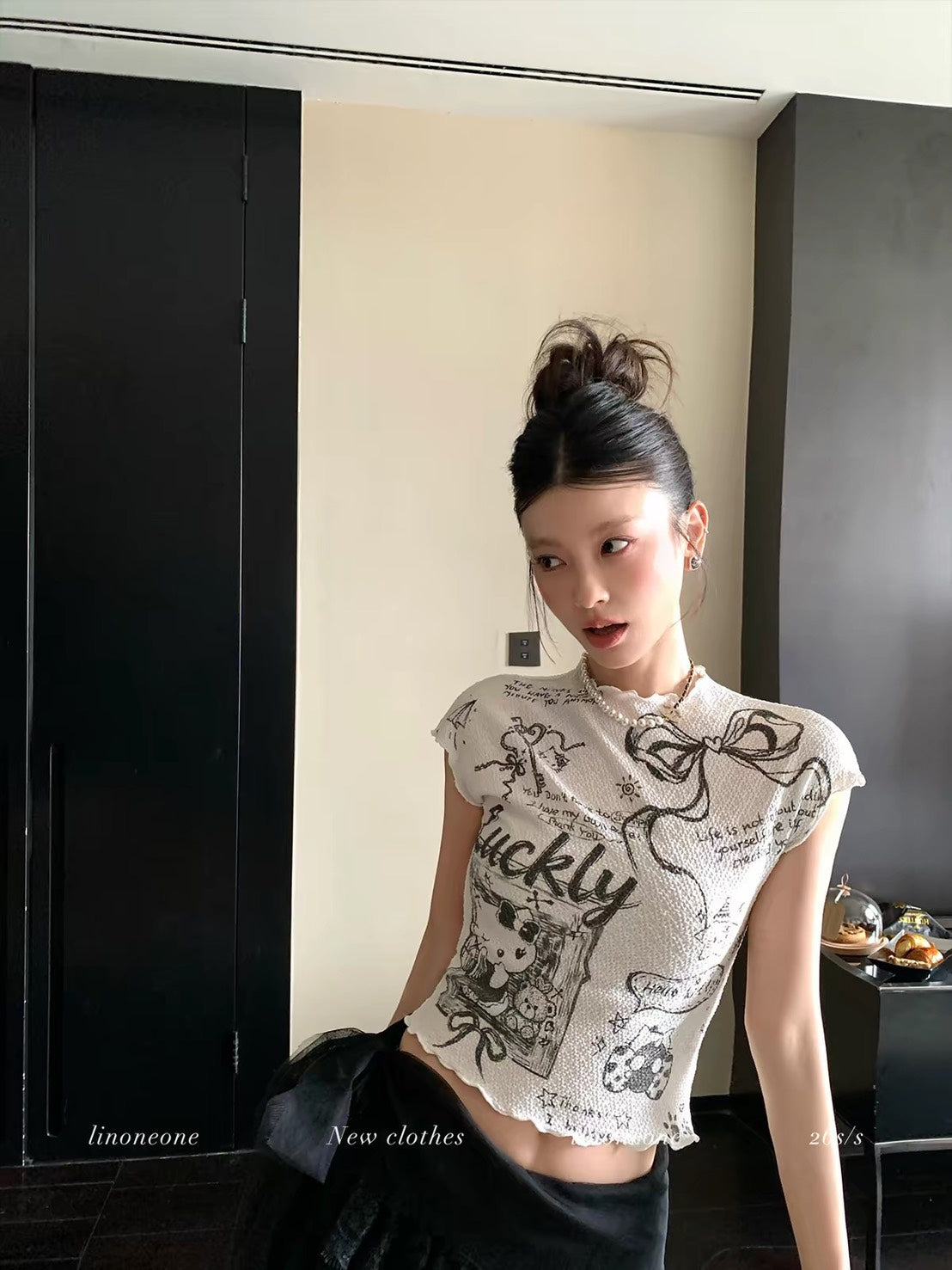 ASAYA7495 – Lucky Sketch Baby Tee & Lace Skirt 🎀🖤