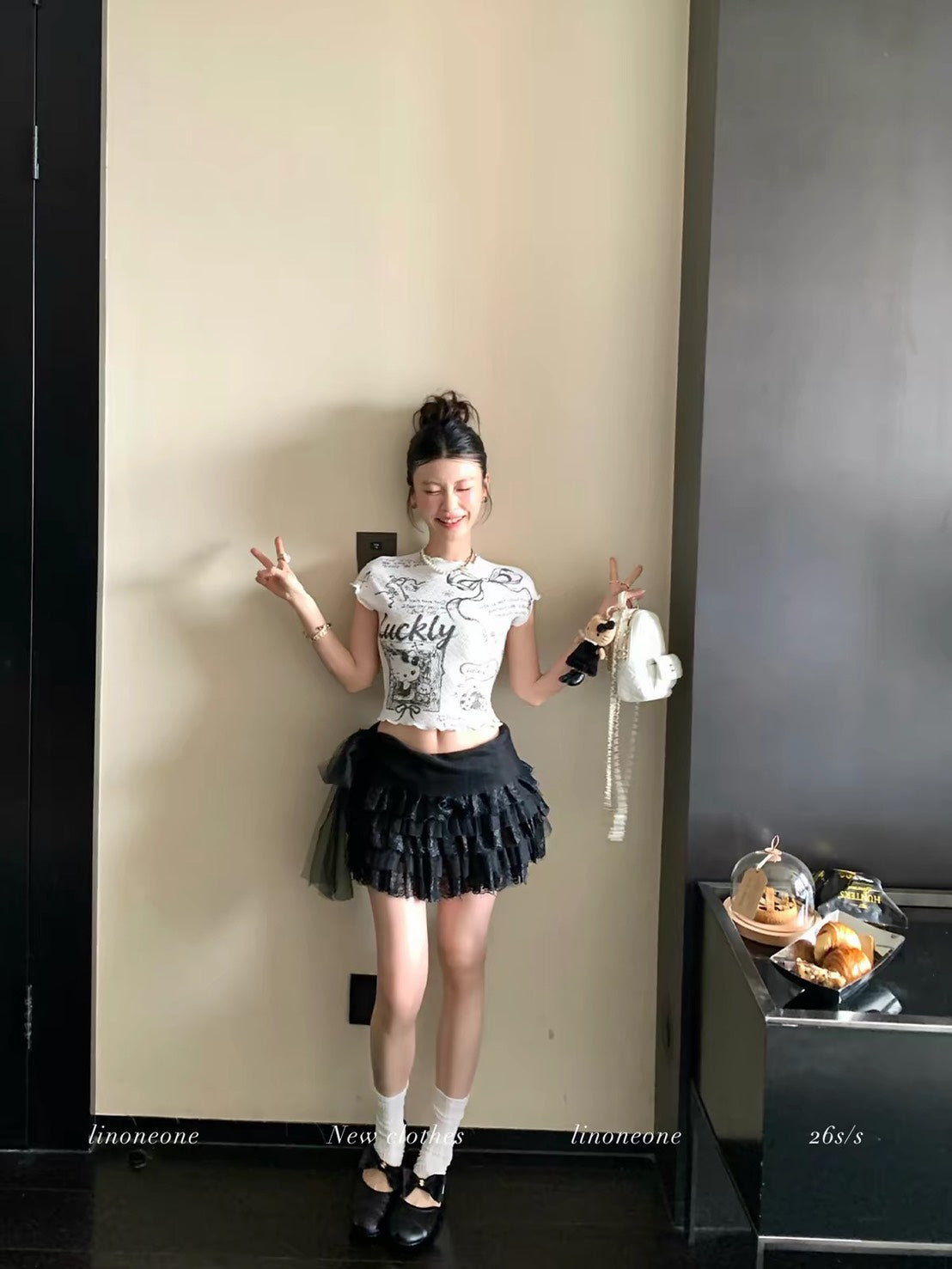 ASAYA7495 – Lucky Sketch Baby Tee & Lace Skirt 🎀🖤