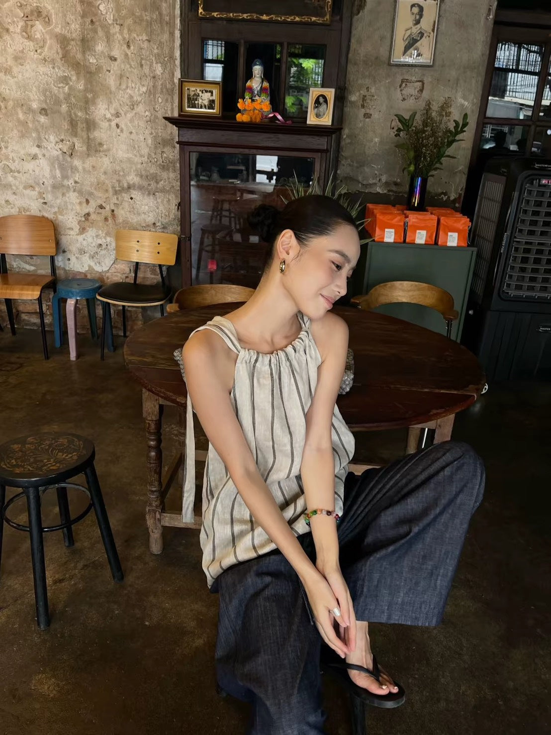 ASAYA7502 – Natural Stripe Gathered Top 🤍🌿