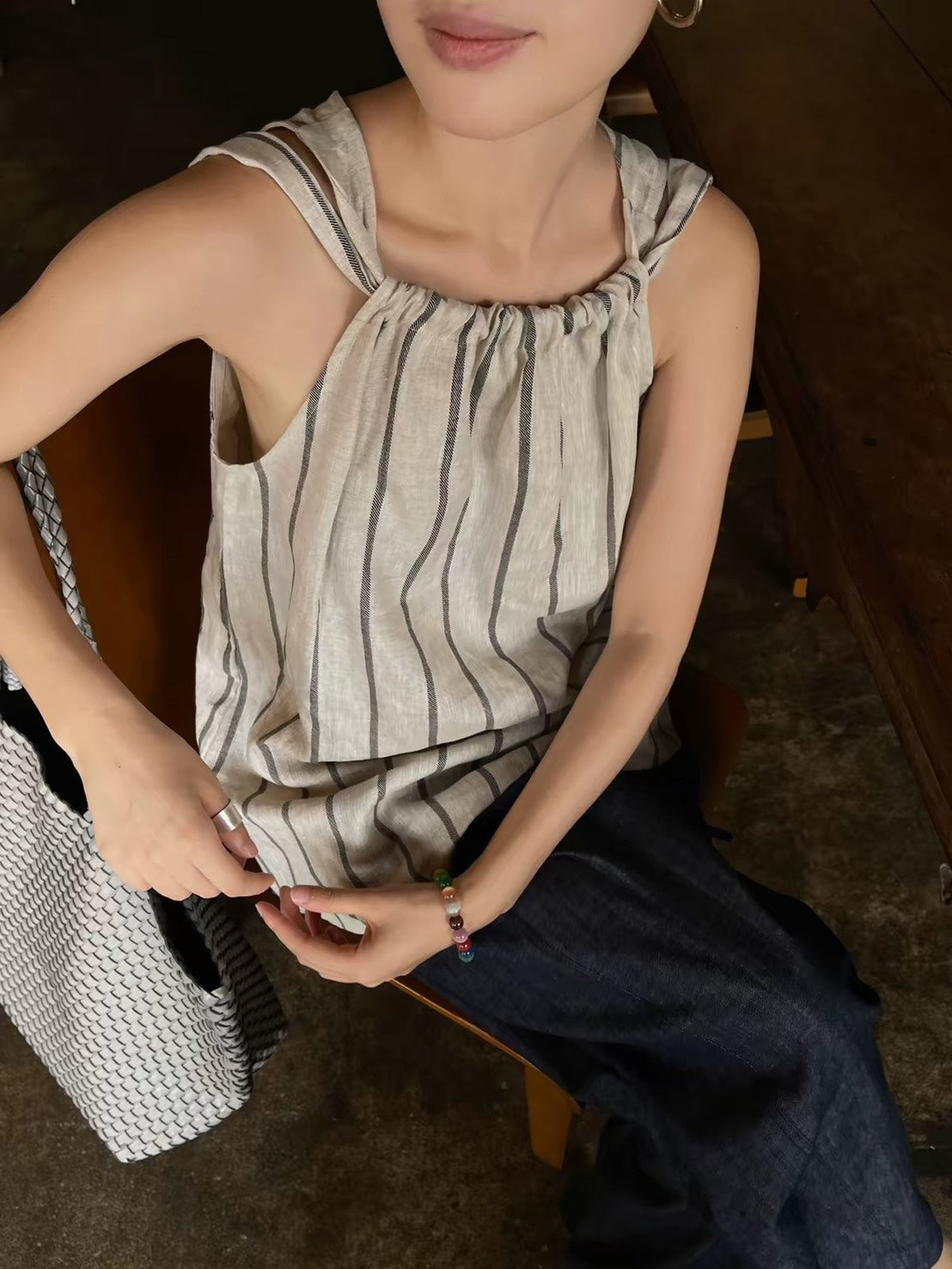 ASAYA7502 – Natural Stripe Gathered Top 🤍🌿