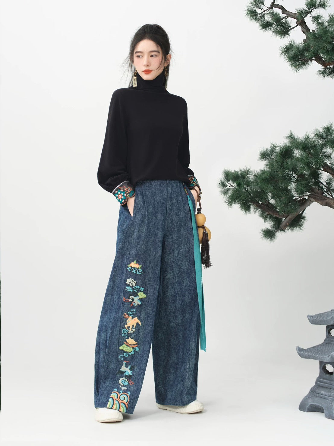 ASAYA4909 – Celestial Denim Wide-Leg Pants 🌌🐉✨